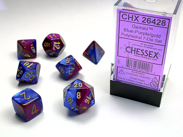 Chessex: Gemini Polyhedral Blue-Purple/gold 7-Die Set.