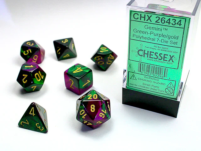 Chessex: Gemini - Polyhedral Green Purple/gold 7-Die Set