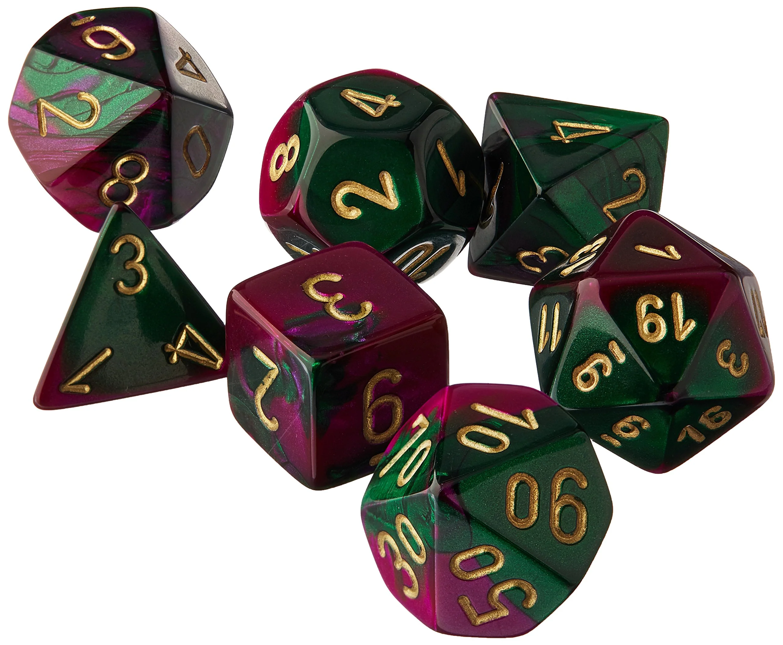 Chessex: Gemini - Polyhedral Green Purple/gold 7-Die Set - Image 2